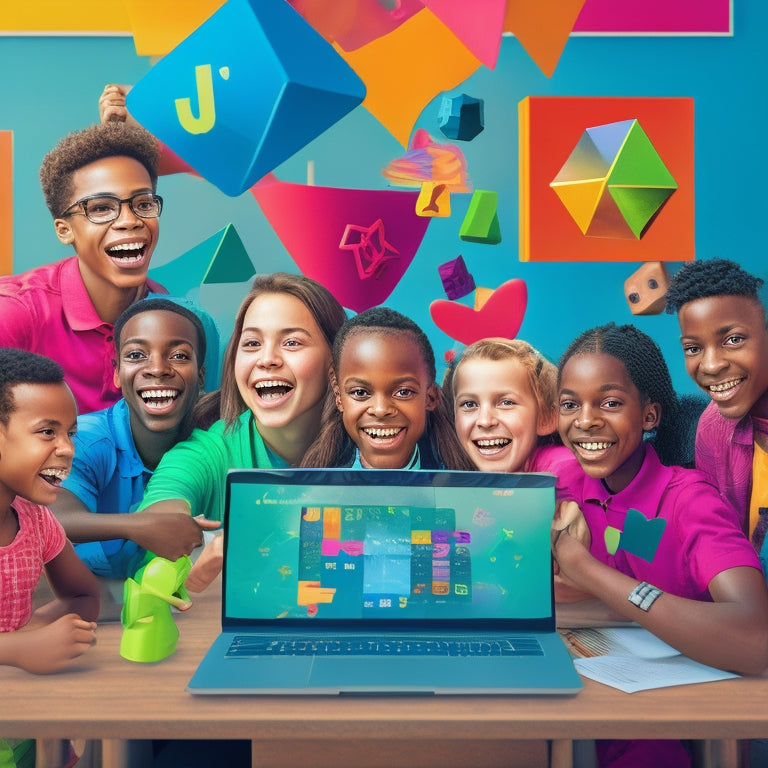 A colorful illustration of a laptop screen displaying a virtual math game, surrounded by excited, diverse students' faces on tablets and smartphones, with math symbols and shapes floating in the air.