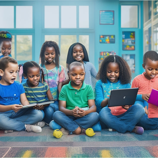 A colorful, vibrant illustration of diverse children aged 4-10 engaging with tablets, laptops, and smartphones, surrounded by learning icons (e.g., ABC blocks, math symbols, paintbrushes) and subtle backgrounds of libraries and classrooms.