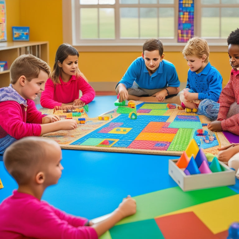 A colorful classroom scene with 2nd-grade students gathered around a table, surrounded by math-themed blocks, puzzles, and games, with a large geometry-shaped rug and a whiteboard with math problems in the background.