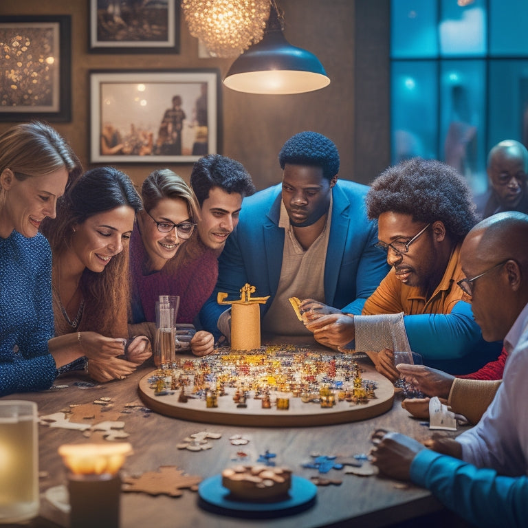 A vibrant, bustling scene of diverse people gathered around tables, surrounded by puzzle pieces, game boards, and innovative brain teasers, with spotlights shining down on the latest creations.