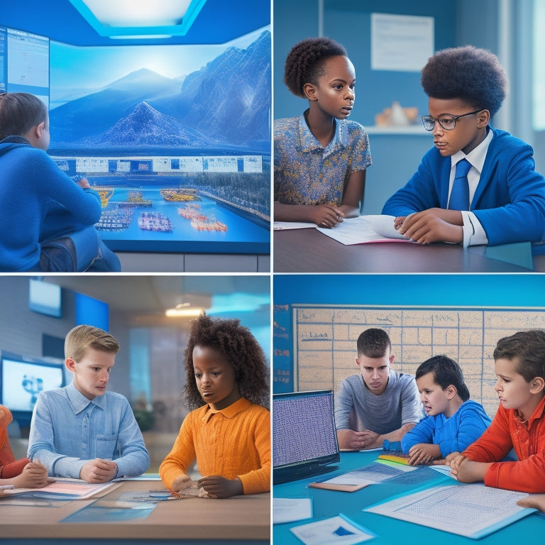 Illustrate a futuristic, well-lit virtual classroom filled with diverse middle school students, surrounded by interactive math tools, 3D graphs, and floating calculators, with a virtual teacher in the center.