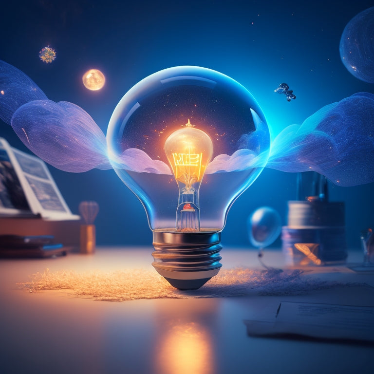 A futuristic, minimalist illustration featuring a stylized, glowing lightbulb surrounded by swirling clouds of interconnected documents, magazines, and digital screens, with subtle, shimmering sparks emanating from the center.