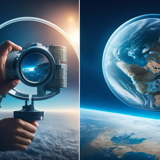 An illustration depicting a split-screen image: a magnifying glass zooming in on a single person making a purchase on the left, and a satellite orbiting the Earth with global trade routes and connections on the right.