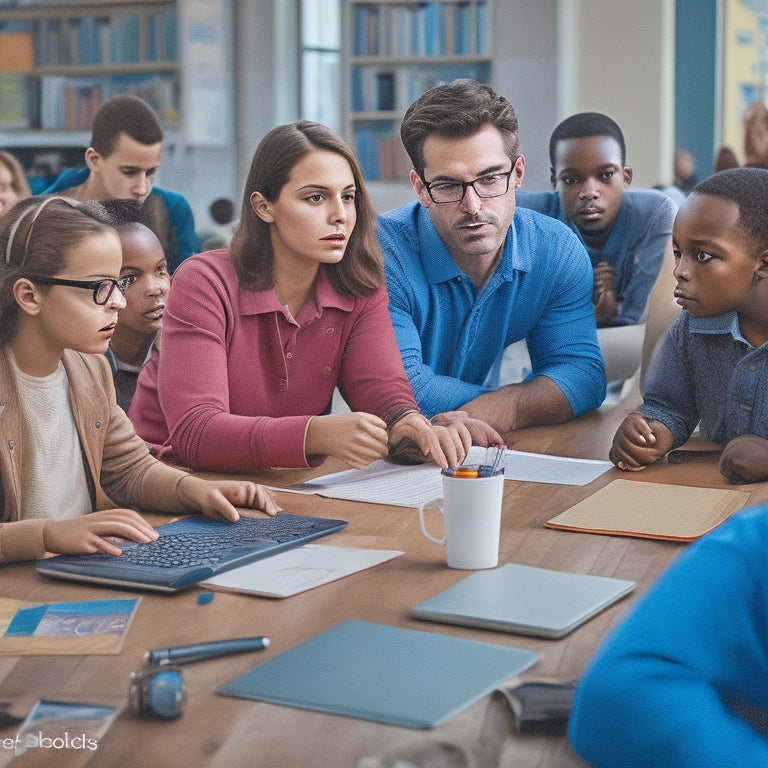 An illustration of a teacher surrounded by diverse students, all engaged with laptops and tablets, with a subtle backdrop of math problems, reading materials, and a subtle grid of Common Core standards.