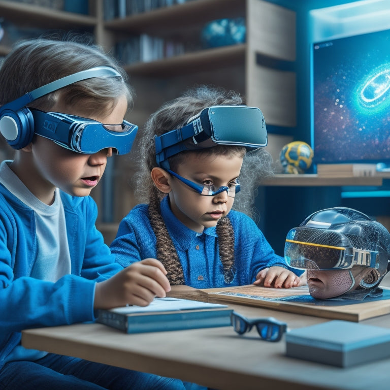 A futuristic homeschooling setup: a child wearing VR goggles, surrounded by virtual books and 3D models, with a parent sitting beside them, guiding their exploration, amidst a subtle background of circuit boards and code.