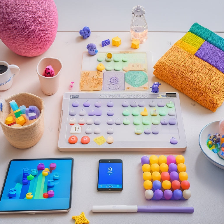 A colorful, clutter-free tabletop with a tablet displaying a math app, surrounded by various digital toys, including a virtual abacus, shape-sorting blocks, and a talking robot, amidst scattered counting bears and pattern blocks.