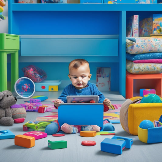 A colorful illustration of a toddler sitting on a floor surrounded by digital tablets, e-readers, and educational toys, with interactive reading games and alphabet blocks scattered around them.