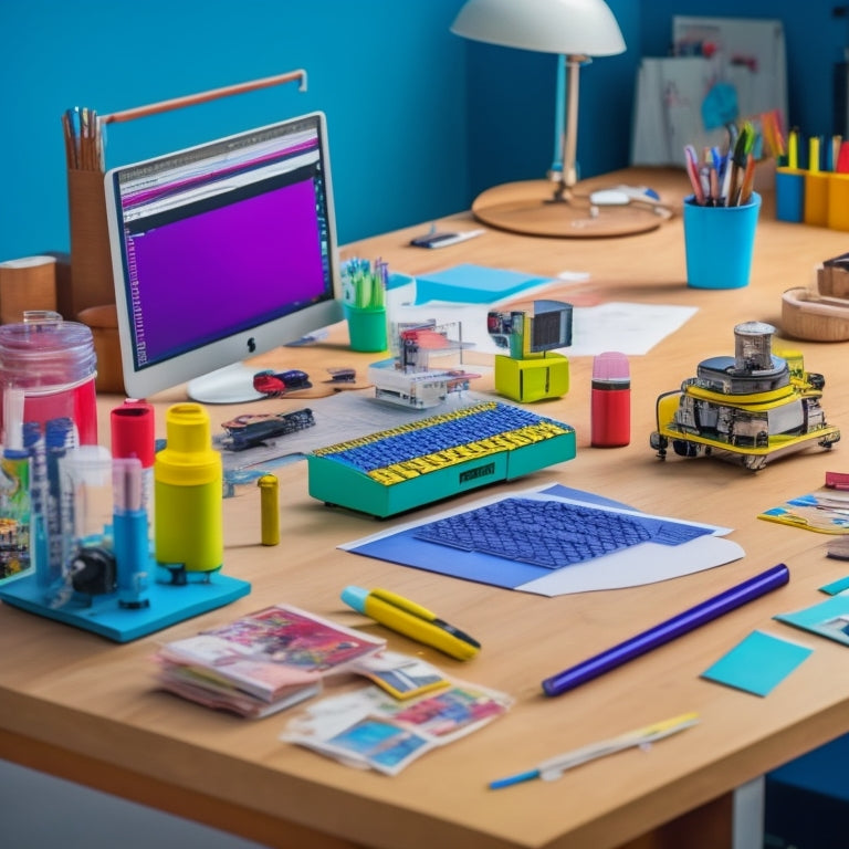 A colorful, clutter-free desk with a microscope, robotics kit, coding laptop, and a partially built bridge made of popsicle sticks and glue, surrounded by scattered diagrams and blueprints.