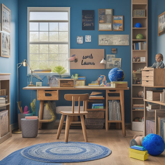 A warm and organized homeschooling space with a laptop, tablet, and desktop computer displaying virtual learning platforms, surrounded by books, globes, and educational toys, with a subtle background of a child's artwork.