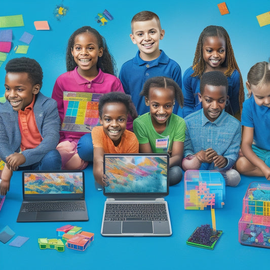 A colorful illustration of a happy, diverse group of kids (ages 6-12) surrounded by laptops, tablets, and math manipulatives, engaged in virtual learning activities with fun, interactive math games and puzzles.