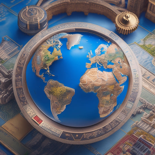 A globe with puzzle pieces of different countries and cultures fitting together, surrounded by interconnected gears, compasses, and miniature iconic landmarks from around the world.
