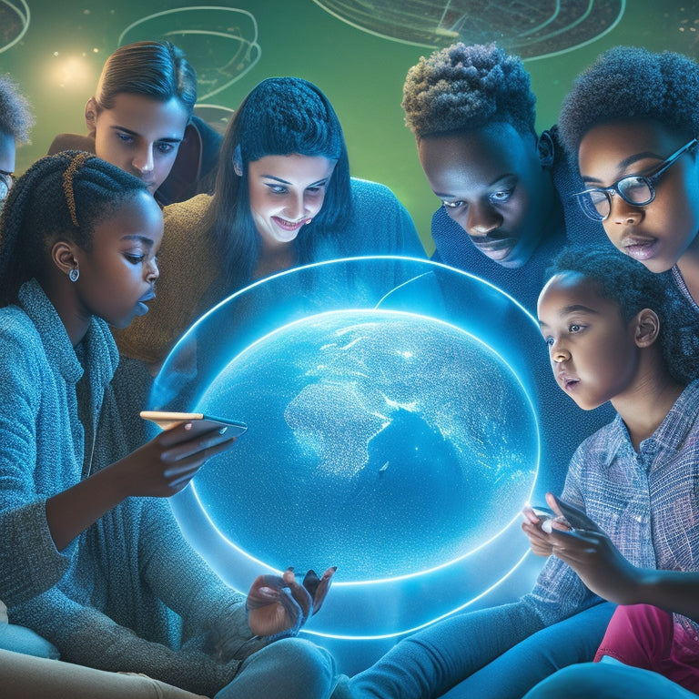 An illustration of a diverse group of students of various ages, gathered around a large, glowing globe, surrounded by floating smartphones and tablets, with subtle, swirling patterns of code and circuits.