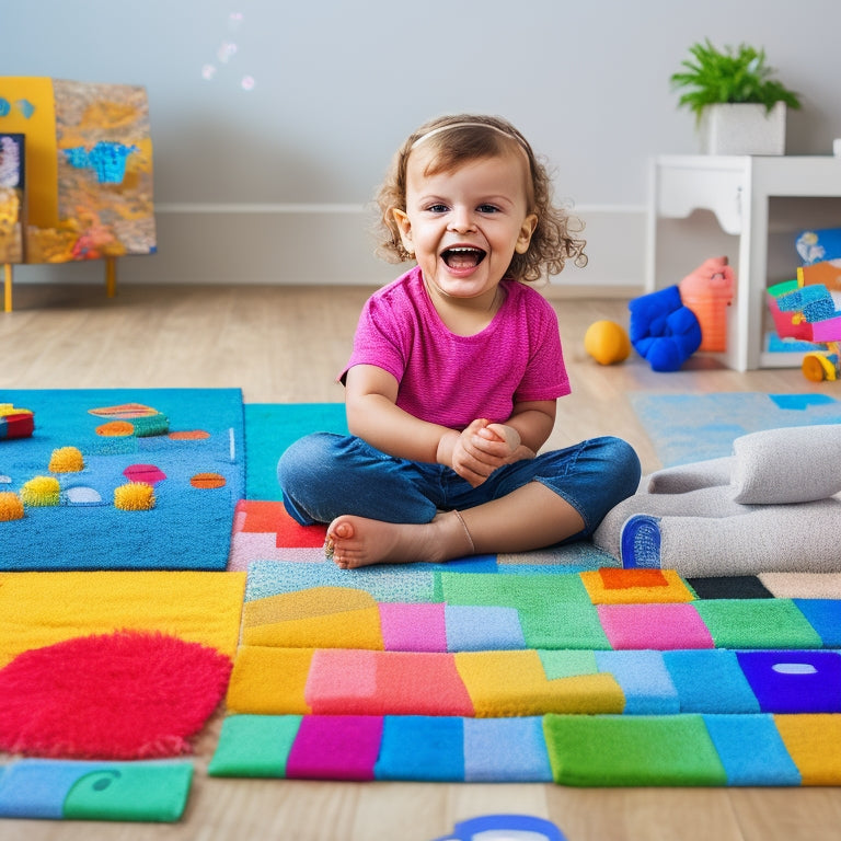 A joyful Deaf child, age 4-5, sitting on a colorful rug, surrounded by tablets and laptops, with animated speech bubbles and language learning icons floating around, amidst a subtle background of sign language handshapes.
