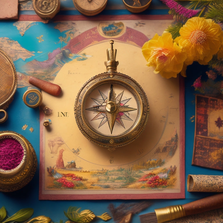 A whimsical, dreamlike illustration of a vintage-inspired, ornate compass surrounded by scattered paintbrushes, colorful canvases, and ripped maps, set against a warm, golden-brown background.