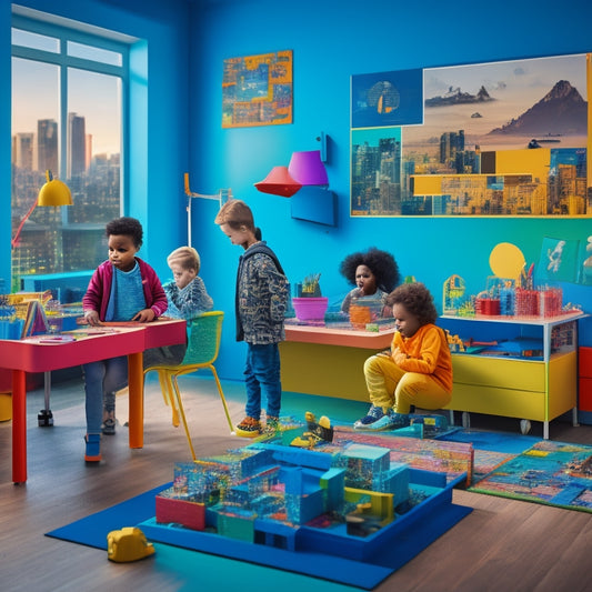 A vibrant, clutter-free workspace with a diverse group of curious children aged 6-12, surrounded by futuristic gadgets, colorful blocks, 3D puzzles, and innovative contraptions, amidst a subtle cityscape backdrop.