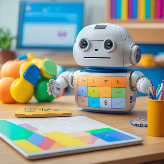 An illustration of a smiling Android robot sitting at a desk, surrounded by mathematical symbols and shapes, with a tablet displaying a split-screen of various math learning apps in vibrant colors.
