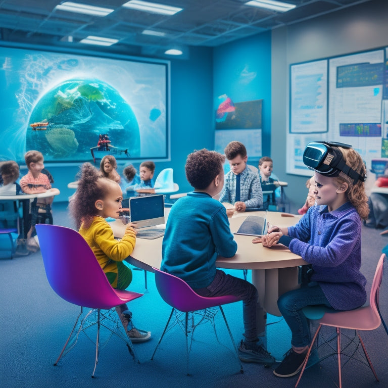 A futuristic classroom with virtual reality headsets, robots, and tablets surrounded by diverse, engaged children, with colorful, swirling code and game development elements floating above their heads.
