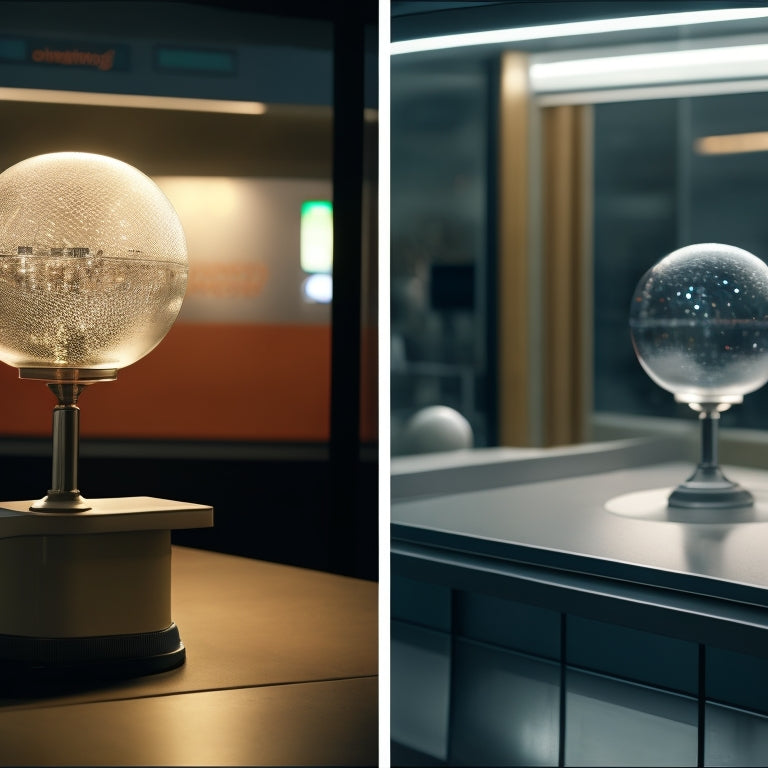 A split-screen image: a dimly lit, cluttered ticket counter on the left, contrasted with a bright, minimalist digital ticketing system on the right, featuring a transparent glass sphere.
