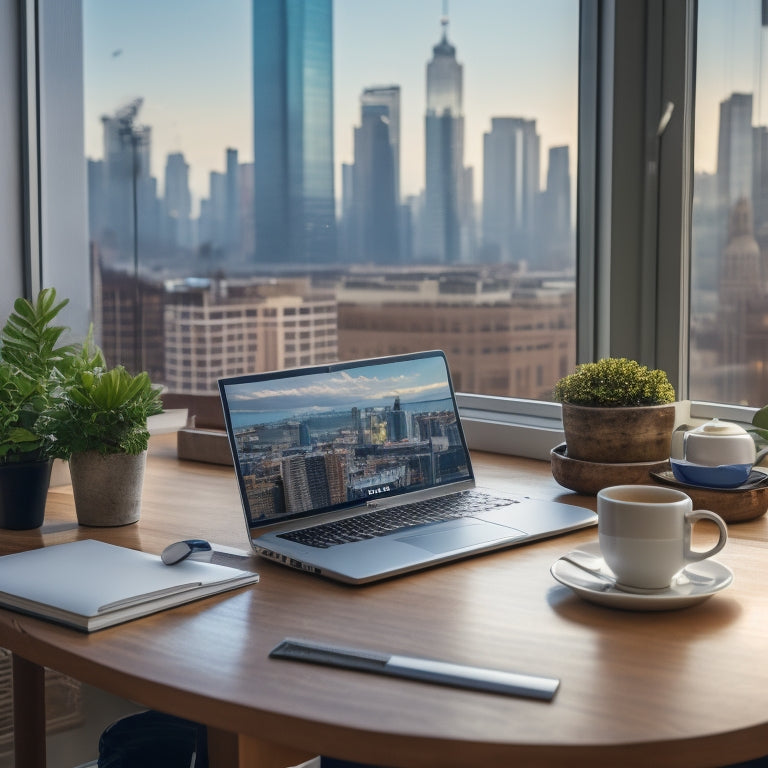 A laptop on a clutter-free desk with a cup of coffee and a notebook beside it, surrounded by minimalistic wall decorations and a subtle cityscape view outside the window.