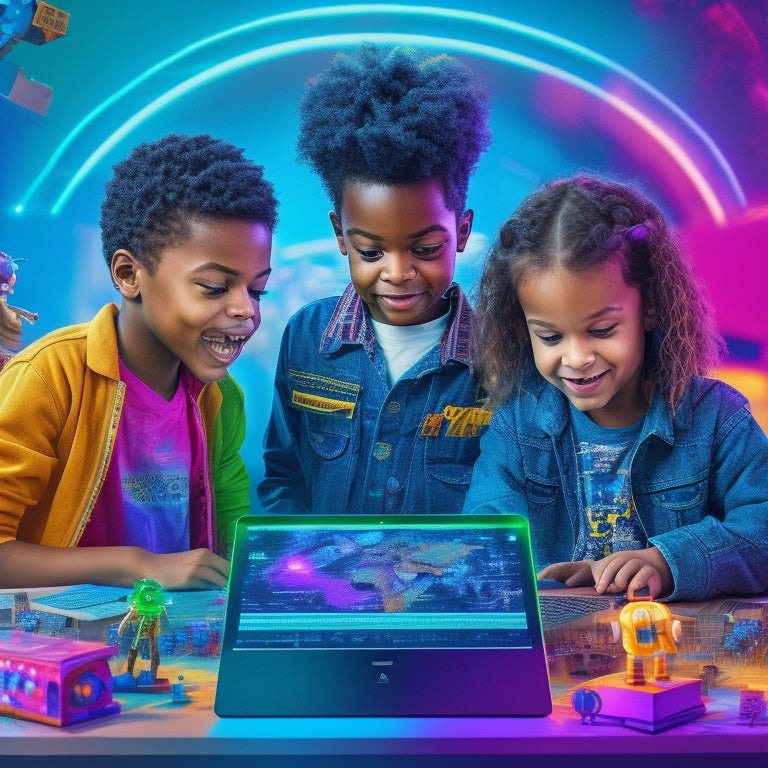 A colorful, futuristic digital landscape featuring a diverse group of happy kids (ages 8-12) surrounded by swirling math symbols, robots, and coding blocks, with glowing screens and laptops in the background.