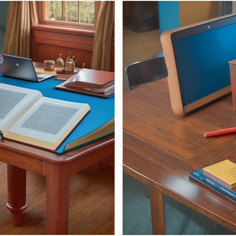 A split-screen image featuring a traditional school desk with an open Enhanced Pearson Mathematics 9 Book on the left, and a modern digital tablet with the Ebook open on the right.