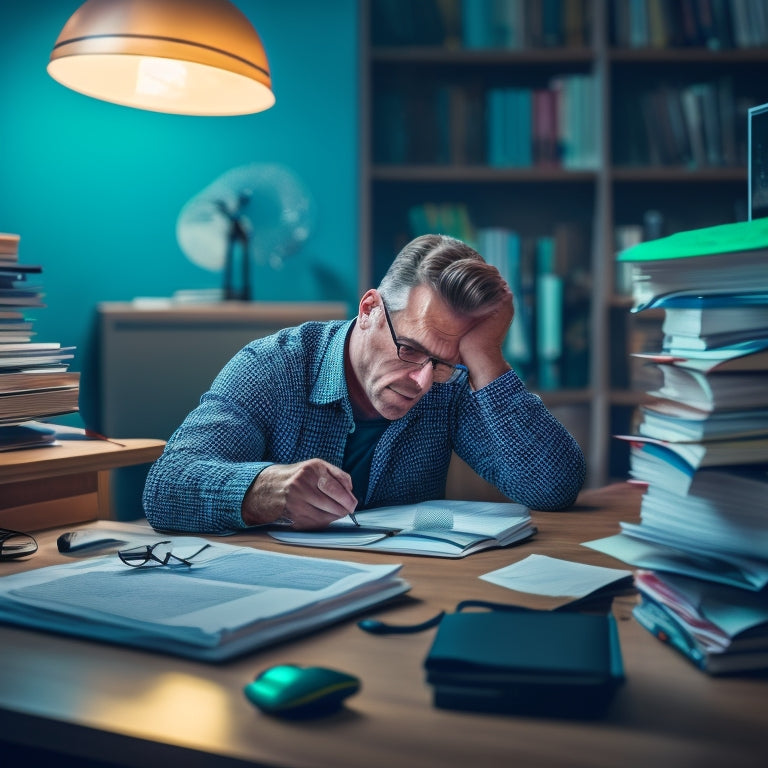 An illustration of a stressed adult sitting at a desk surrounded by math textbooks and scattered papers, with a laptop open in front of them, and a calm, helpful virtual assistant hovering above the screen.