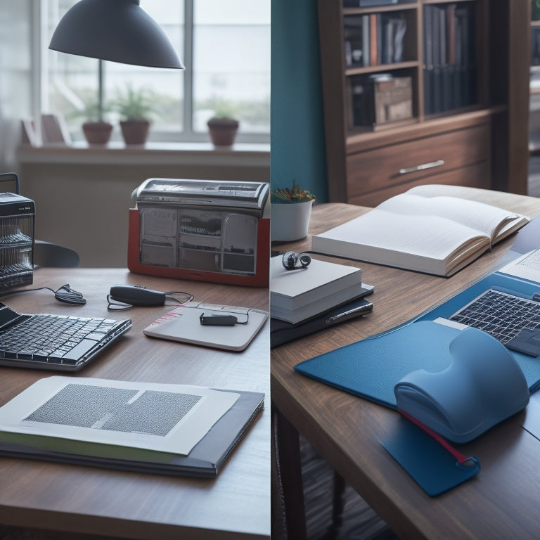 A split-screen image: a cluttered desk with textbooks, calculators, and scattered notes on the left, and a tidy online learning space with a laptop, headphones, and a single notebook on the right.