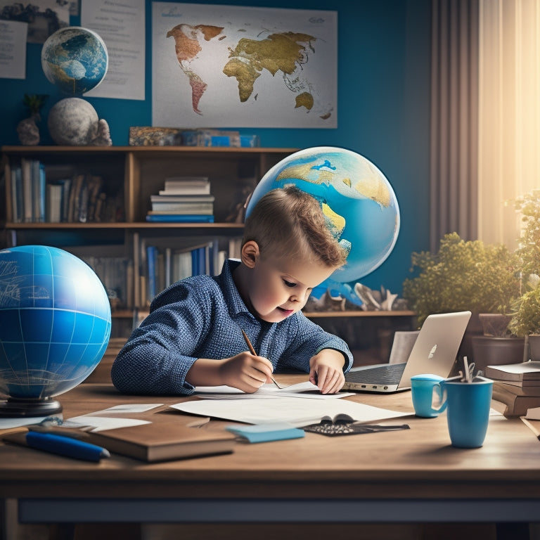 An illustration of a homeschooling parent sitting at a desk with a laptop, surrounded by math textbooks and a globe, with a subtle background of a child's artwork and a few scattered pencils.