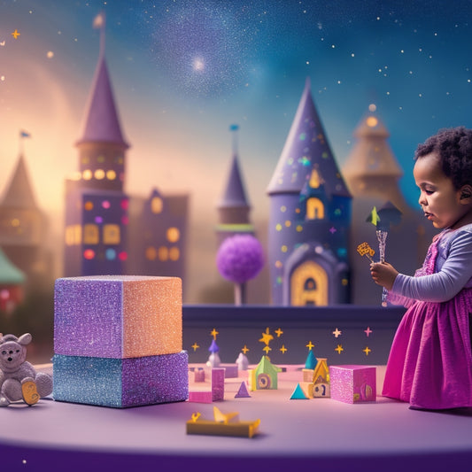 A whimsical illustration of a preschooler surrounded by sparkling stars, colorful blocks, and a wand, amidst a math-inspired wonderland with rolling dice, counting flowers, and a subtle cityscape in the background.