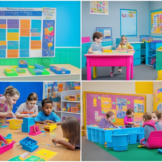 A colorful, clutter-free classroom with diverse 1st-grade students engaged in various interactive activities: building with blocks, playing with math manipulatives, and collaborating on a puzzle, surrounded by learning charts and posters.