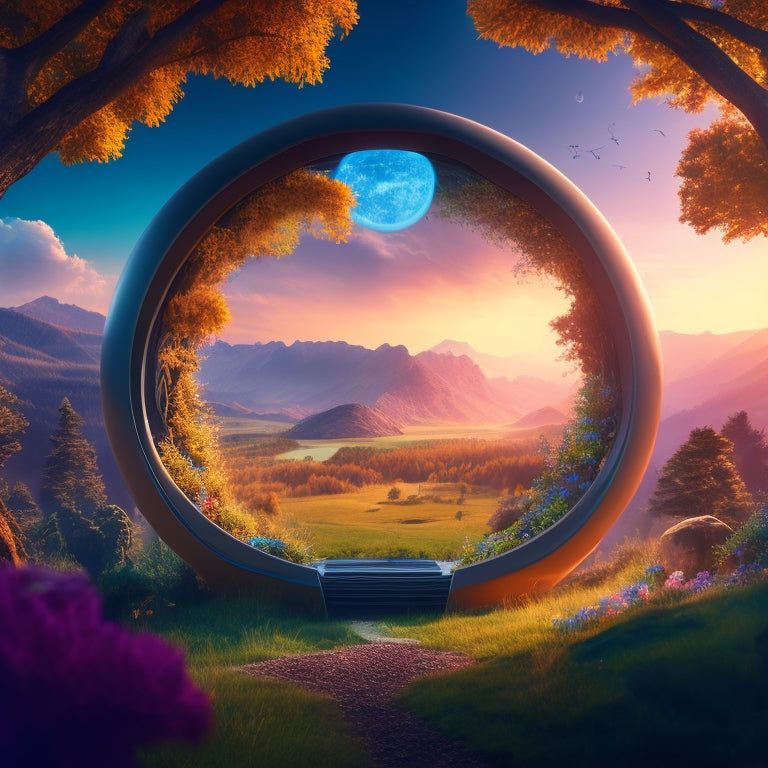 An illustration of a futuristic, glowing portal opening in a cluttered, mundane classroom, revealing a vibrant, fantastical world with rolling hills, towering trees, and flying creatures in the background.
