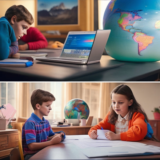 A split-screen image featuring a homeschooler sitting at a desk with a laptop and a notebook, alongside a virtual whiteboard with math problems and diagrams, surrounded by colorful pens and a globe.