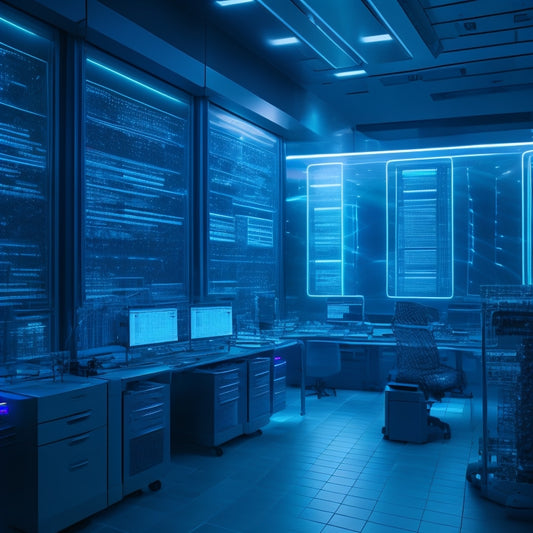 A futuristic, neon-lit laboratory with rows of sleek, silver computers and holographic screens displaying swirling patterns of code, surrounded by scattered components and robotic arms.