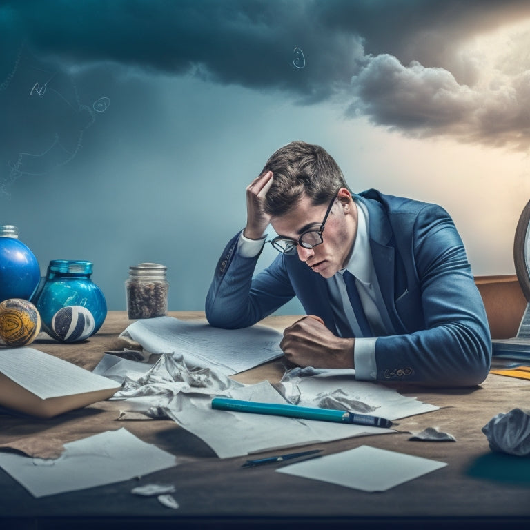 An illustration of a puzzled student sitting at a desk, surrounded by crumpled papers and broken pencils, with a complex math equation on the blackboard in the background, amidst swirling clouds of confusion.
