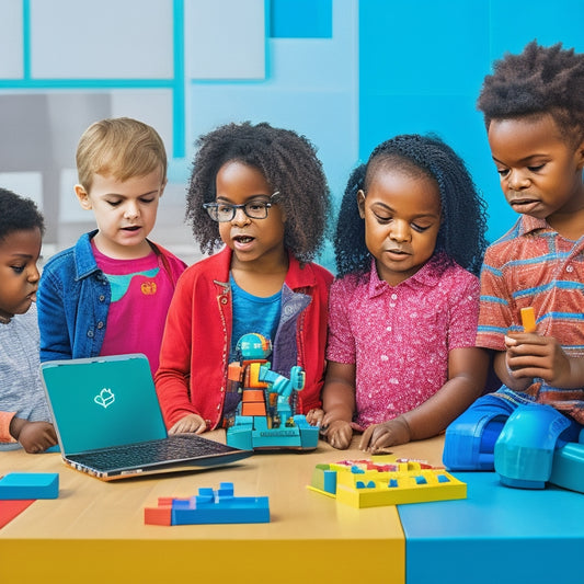 A colorful illustration featuring diverse young children (ages 6-10) engaged in coding activities on tablets and laptops, surrounded by robotic toys, building blocks, and coding-inspired artwork.