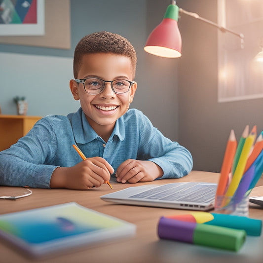 A bright, colorful illustration of a young student sitting at a desk with a laptop open, surrounded by math worksheets and pencils, with a smiling virtual tutor appearing on the screen.
