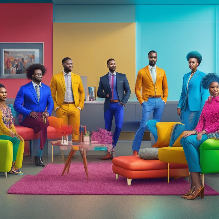 A vibrant illustration of 10 diverse individuals, each with unique hairstyles, outfits, and accessories, standing together in a modern, minimalist office space with colorful furniture and abstract art.