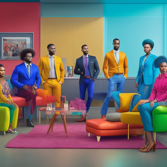 A vibrant illustration of 10 diverse individuals, each with unique hairstyles, outfits, and accessories, standing together in a modern, minimalist office space with colorful furniture and abstract art.