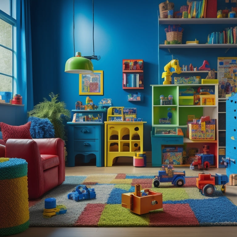 A colorful, clutter-free playroom with various educational toy kits scattered around a child, including a robotics kit with gears and wires, a microscope with slides, and a puzzle with building blocks.