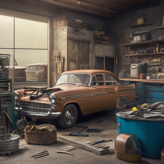 A vintage garage scene with a 1960s-era sedan on a hydraulic lift, tools scattered around, and a workbench cluttered with rusty parts, surrounded by old car manuals and faded photographs.