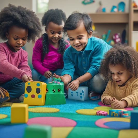 A serene background with a large, colorful Octobo toy at its center, surrounded by happy, diverse children engaged in interactive play, with blocks, shapes, and toys scattered around them.