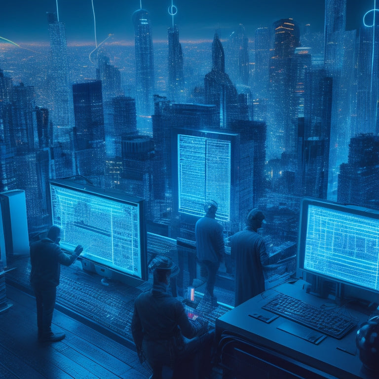 A futuristic, neon-lit cityscape with wires and circuits forming a maze, surrounded by diverse, faceless figures with laptops and tablets, amidst a backdrop of coding symbols and equality signs.