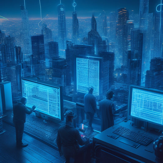 A futuristic, neon-lit cityscape with wires and circuits forming a maze, surrounded by diverse, faceless figures with laptops and tablets, amidst a backdrop of coding symbols and equality signs.