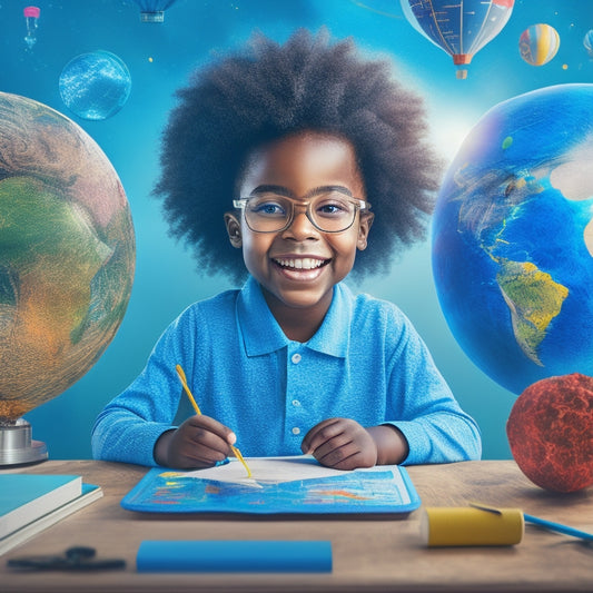 A colorful illustration of a smiling elementary student surrounded by tablets, globes, and math tools, with subtle science-inspired background elements like atoms, leaves, and stars.