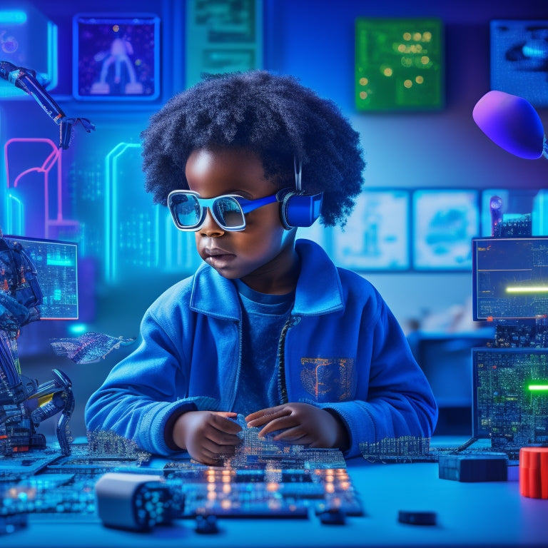 A futuristic, vibrant illustration of a child surrounded by innovative STEM toys, with robotic arms, coding blocks, and virtual reality headsets, set against a backdrop of circuit boards and binary code.