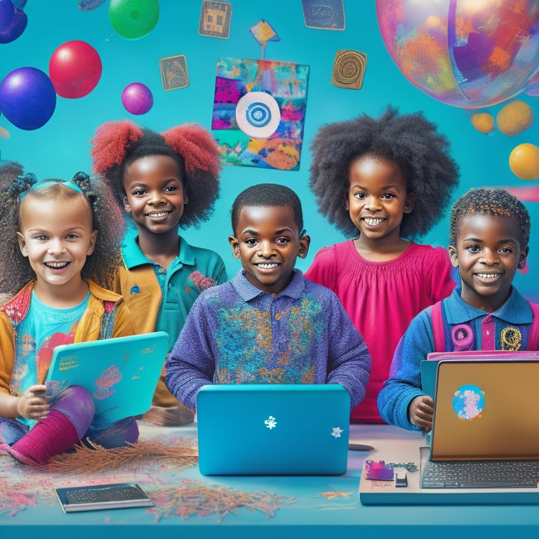 An illustration of a cheerful, diverse group of children aged 4-8, surrounded by tablets and laptops, with math symbols and book icons swirling around them, amidst a colorful, whimsical background.