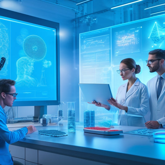 A futuristic virtual science laboratory with holographic molecules, 3D models of the human brain, and robotic arms conducting experiments, surrounded by virtual whiteboards and interactive dashboards.