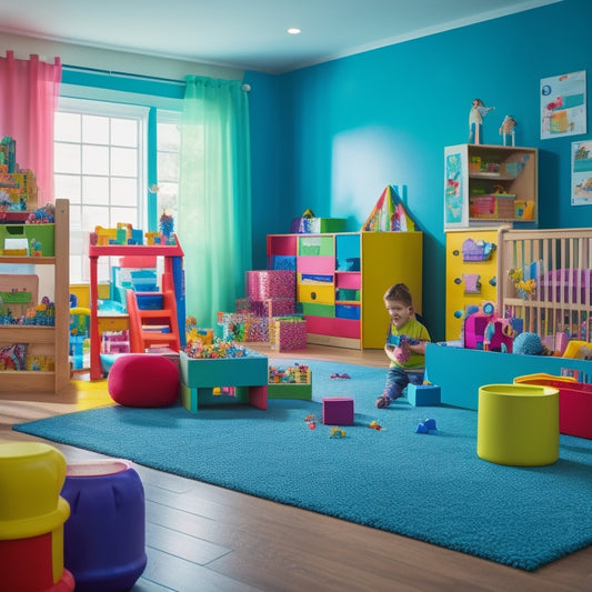 A vibrant, clutter-free playroom with a diverse group of children aged 4-8, surrounded by colorful, educational toys, blocks, and puzzles, actively engaging in collaborative learning activities.