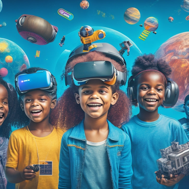 A colorful illustration of a diverse group of happy kids, aged 6-12, wearing VR headsets, surrounded by floating educational icons, robots, and planets, with a subtle background of circuits and code.
