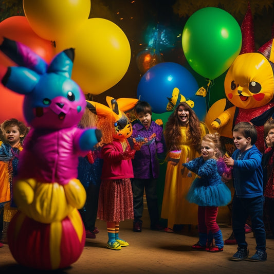 A vibrant, bustling Halloween party scene with children and adults dressed in colorful, elaborate Pokémon costumes, surrounded by balloons, streamers, and a giant Pikachu piñata.